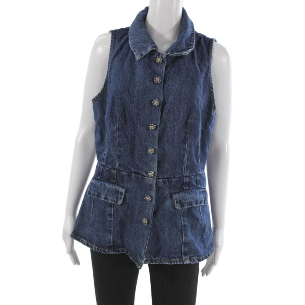 Self Portrait Women Dark Blue Collared Button Vest Cotton Size L